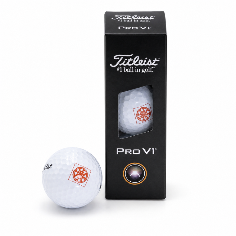 A white Titleist Pro V1 golf ball with an orange logo, shown next to its black retail packaging box on a clean white background.
