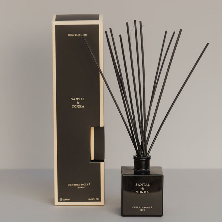 Santal & Tonka diffuser with packaging on a gray background