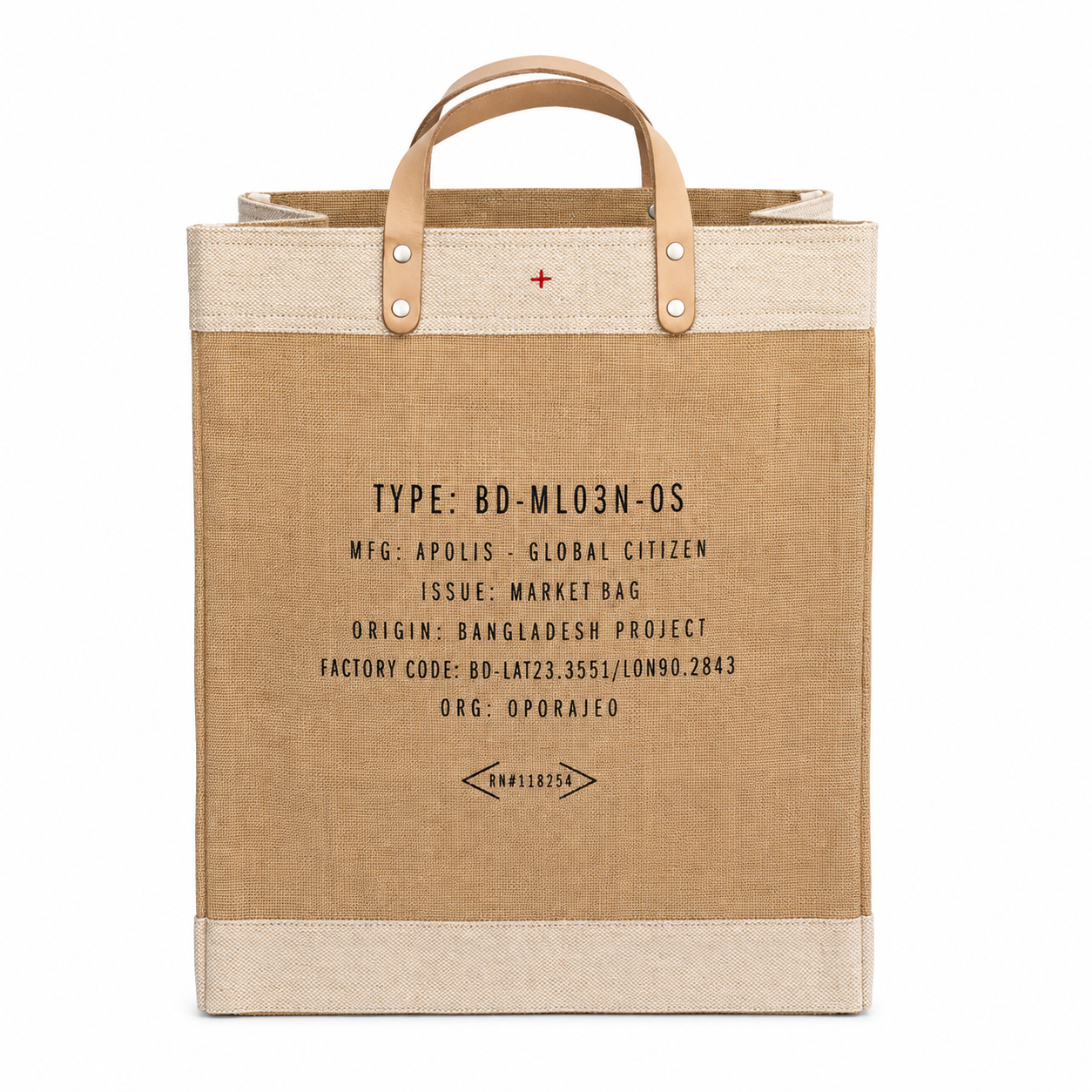A canvas tote bag with a natural brown jute body, beige fabric trim, and light brown leather handles. The bag features black printed text with a red cross symbol on the upper right side, set against a plain white background.