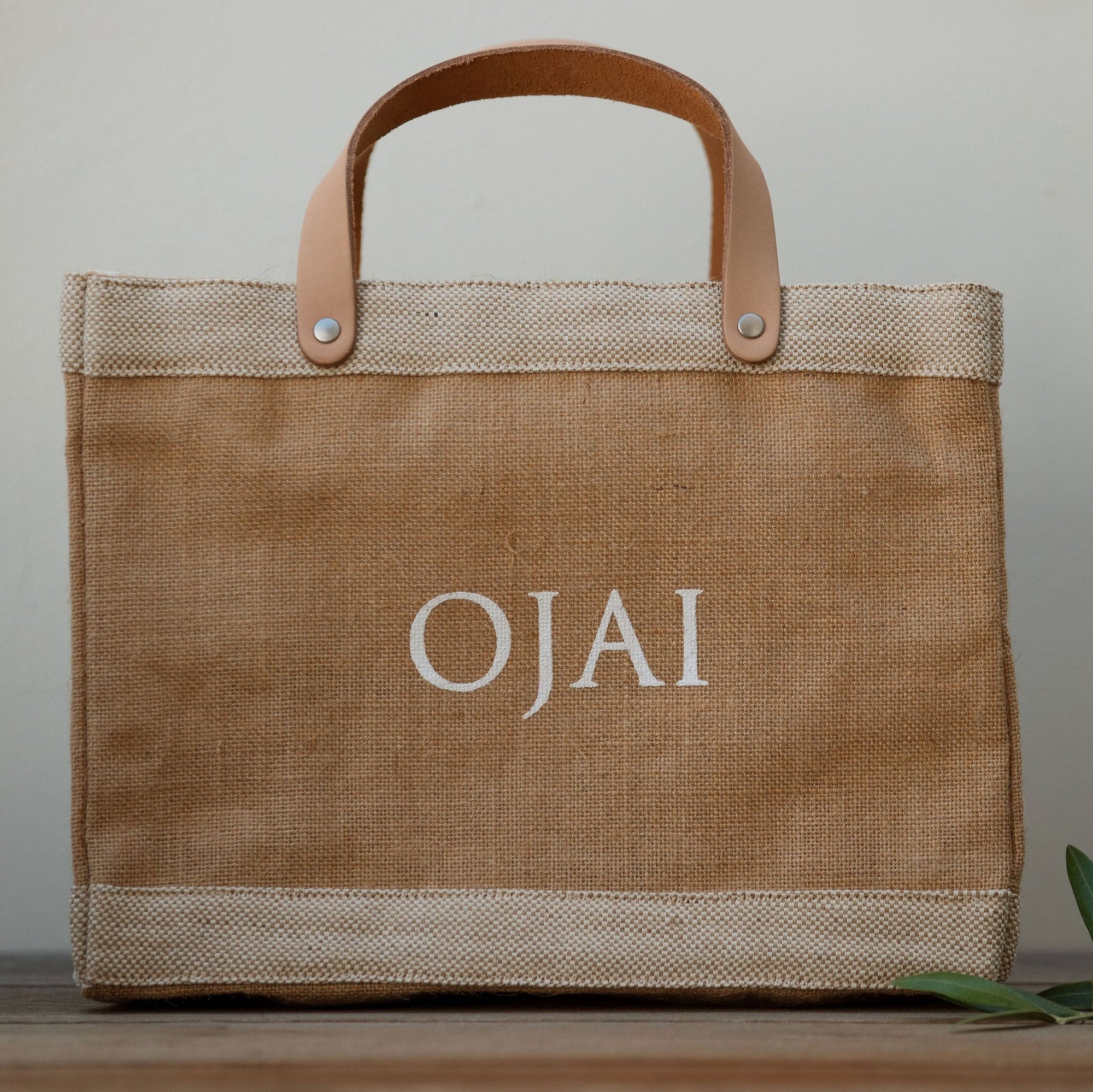 canvas and leather market bag labeled 'ojai' in white lettering against a neutral background