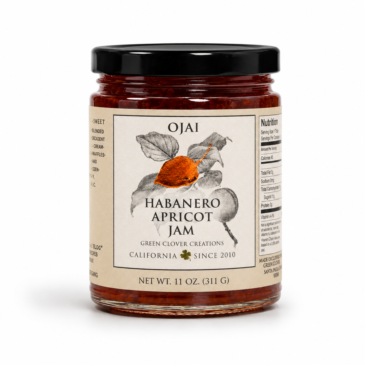 A jar of Ojai Habanero Apricot Jam with a black lid and beige label, photographed on a clean white background.