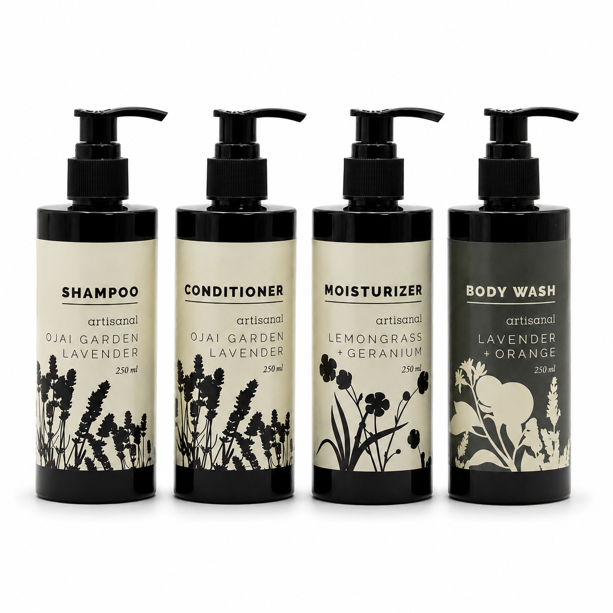 Four pump bottles of artisanal hair care products from Ojai Garden, including Shampoo, Conditioner, Moisturizer, and Body Wash, arranged in a row against a white background.