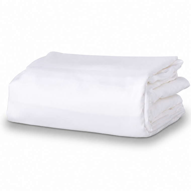 A neatly folded white textile item, likely a blanket, comforter, or sheet set, shown on a clean white background with a soft shadow.