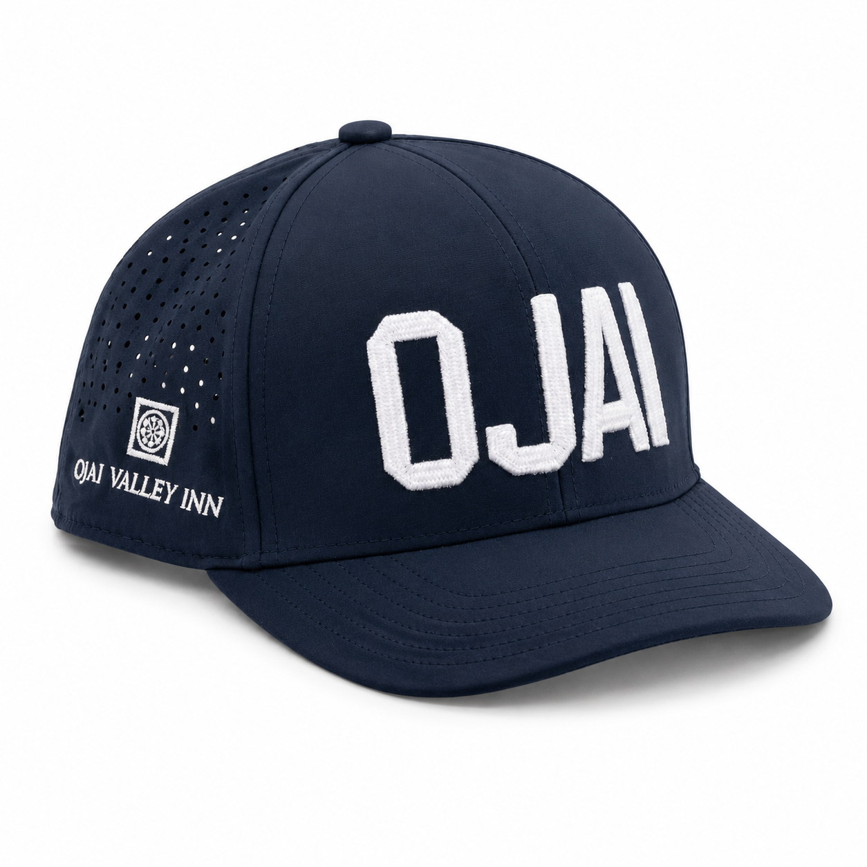 A navy blue baseball cap with white embroidered 'OJAI' lettering on the front and 'OJAI VALLEY INN' on the side, shown on a clean white background.