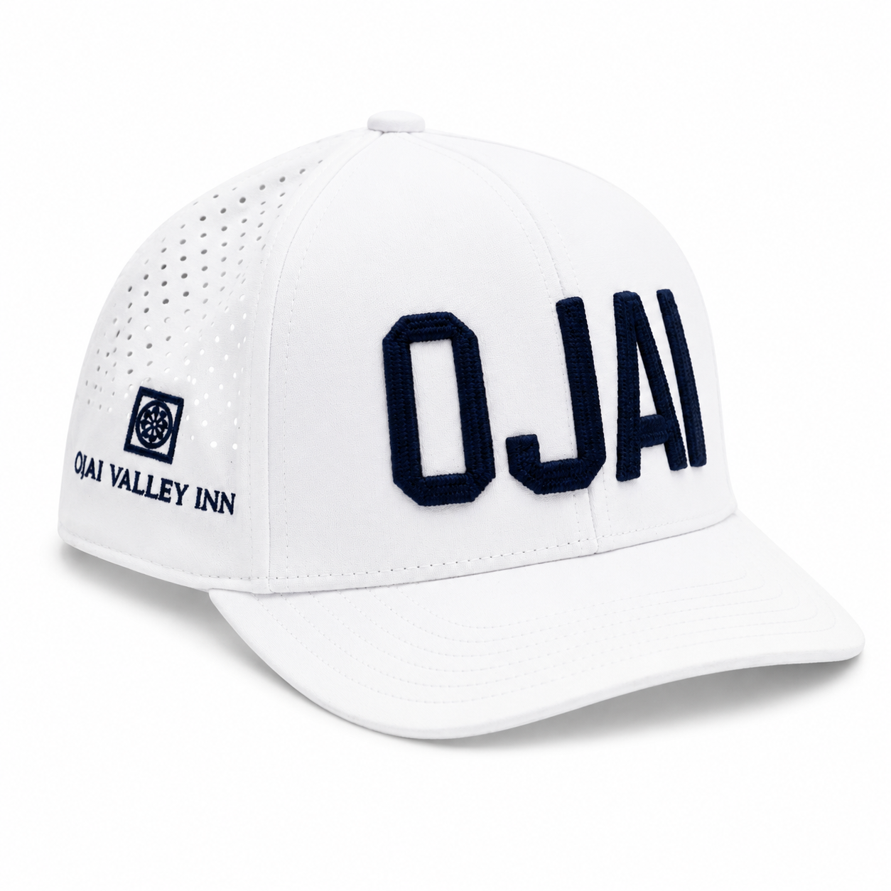 A white baseball cap with 'OJAI' embroidered in navy blue on the front and 'OJAI VALLEY INN' with a logo on the side, set against a plain white background.
