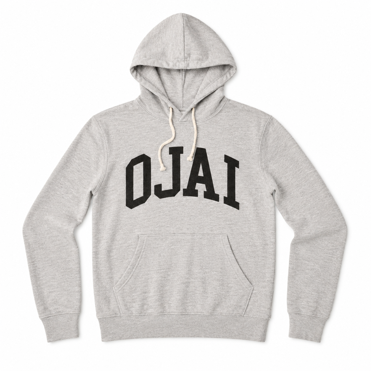 A light heather gray pullover hoodie with 'OJAI' printed in large black varsity-style letters across the chest, featuring white drawstrings and a front kangaroo pocket, shown on a plain white background.