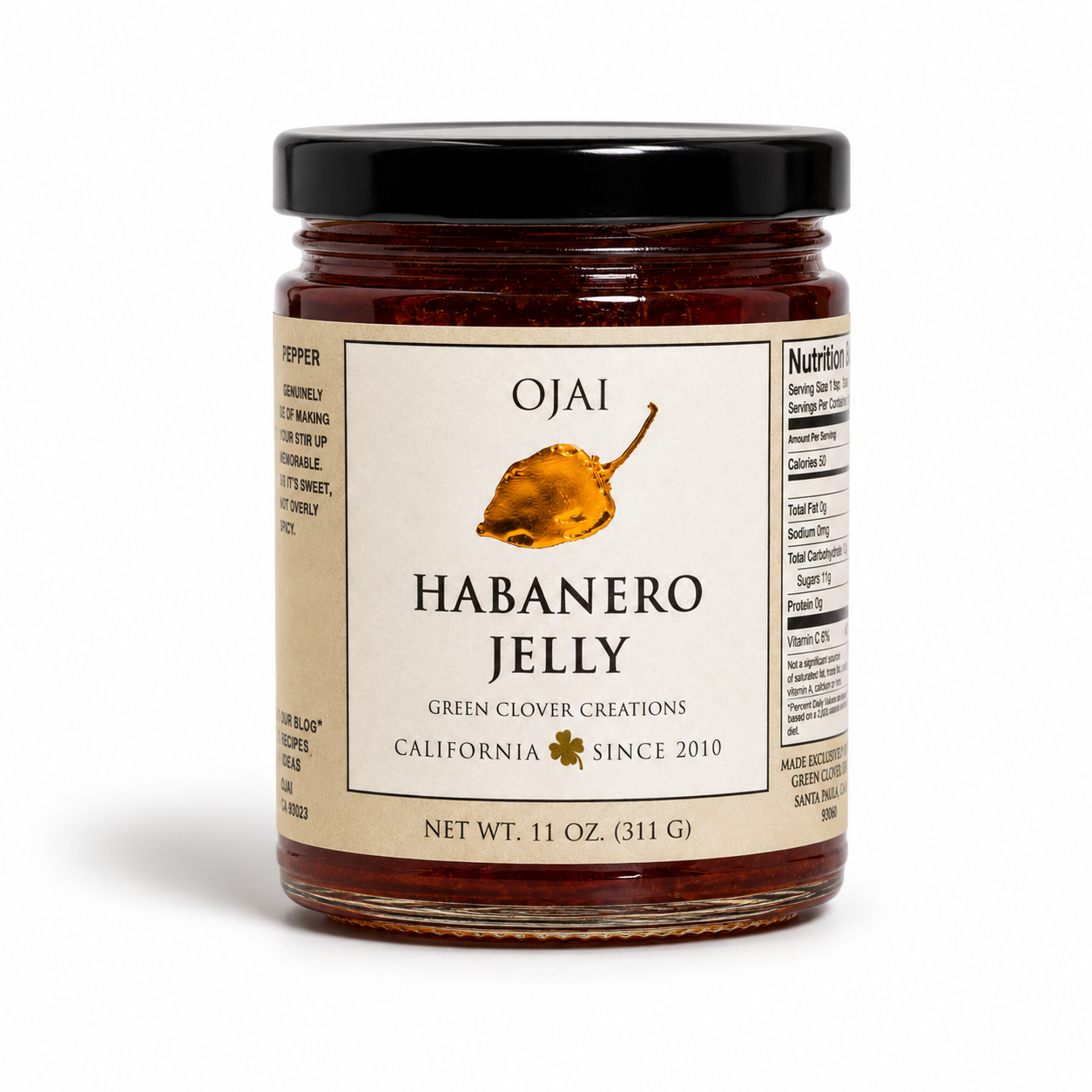 A jar of Ojai Habanero Jelly with a black lid and a beige label, shown on a clean white background.