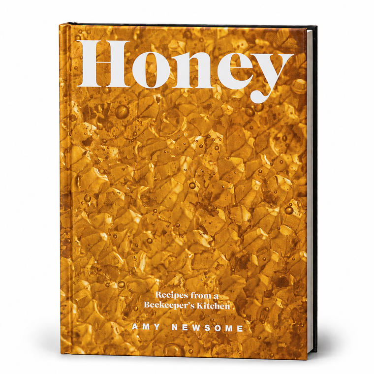 The front cover of the hardcover book 'Honey: Recipes from a Beekeeper's Kitchen' by Amy Newsome, featuring a textured golden-amber honeycomb pattern with the title in large white serif lettering.