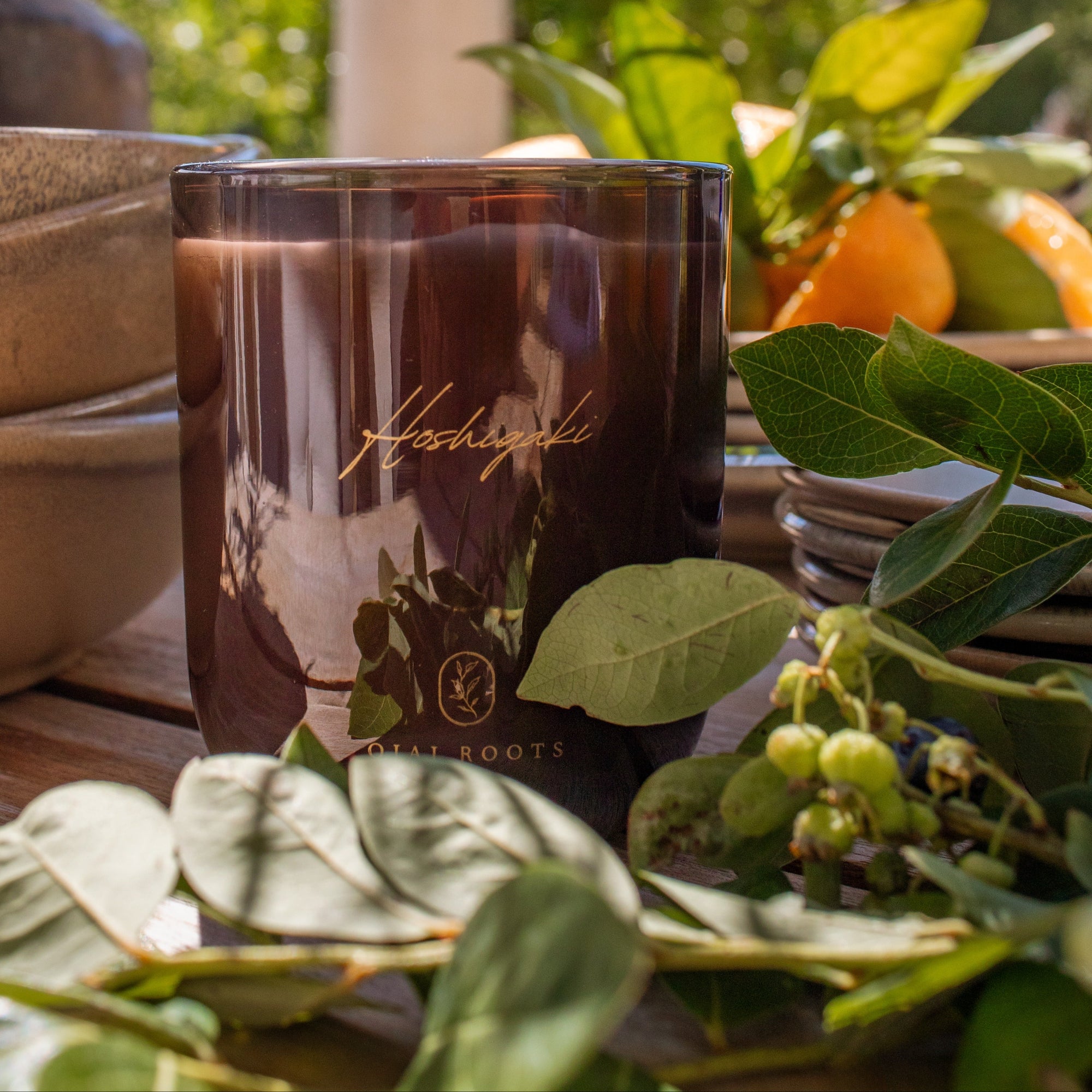 A dark amber glass jar candle with gold script branding reading 'Hoshigaki' and 'OJAI ROOTS' near the bottom, styled on a wooden surface with green leaves and citrus fruits in a sunlit outdoor setting.