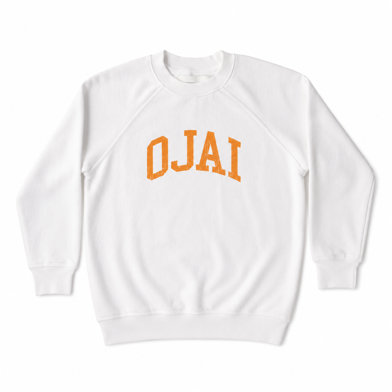 A white crewneck sweatshirt with 'OJAI' printed in an orange arched varsity font across the chest, displayed on a clean white background.