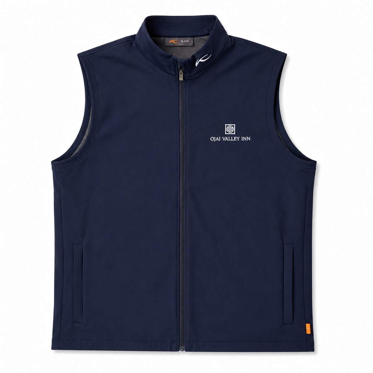 A navy blue sleeveless zip-up vest with a stand collar, featuring the 'OAI VALLEY INN' logo printed in white on the left chest. The vest has side pockets and a small orange tag on the lower right hem, shown against a plain white background.