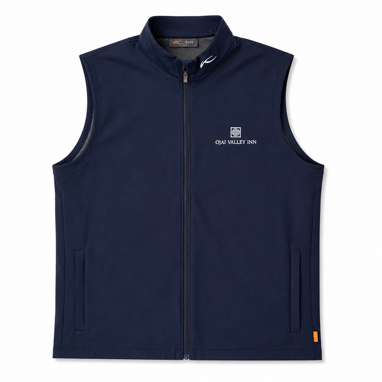 A navy blue sleeveless zip-up vest with a stand collar, featuring the 'OAI VALLEY INN' logo printed in white on the left chest. The vest has side pockets and a small orange tag on the lower right hem, shown against a plain white background.