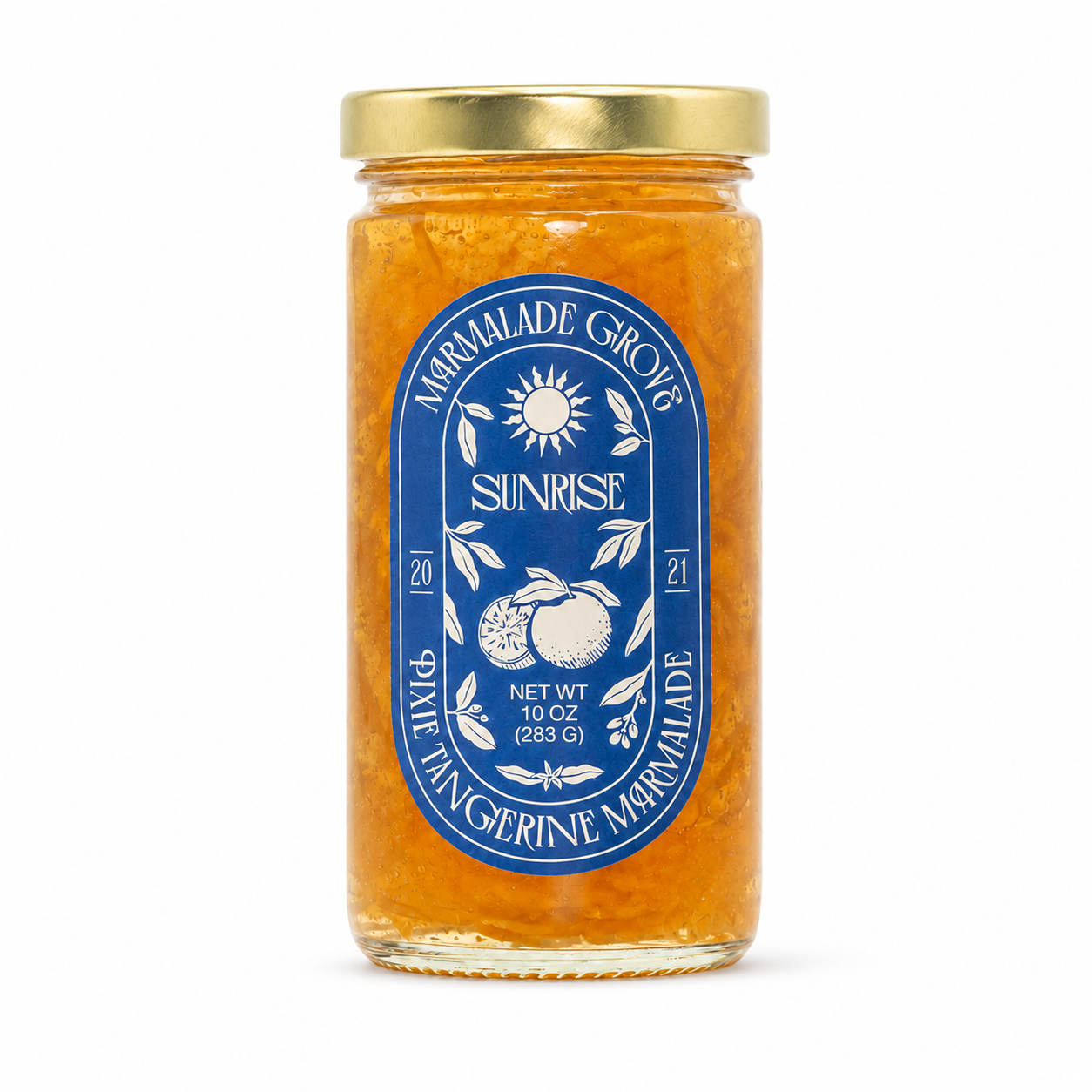 A glass jar of Marmalade Grove Sunrise pixie tangerine marmalade, filled with orange marmalade and featuring a blue and white label with a gold metal lid, set against a plain white background.