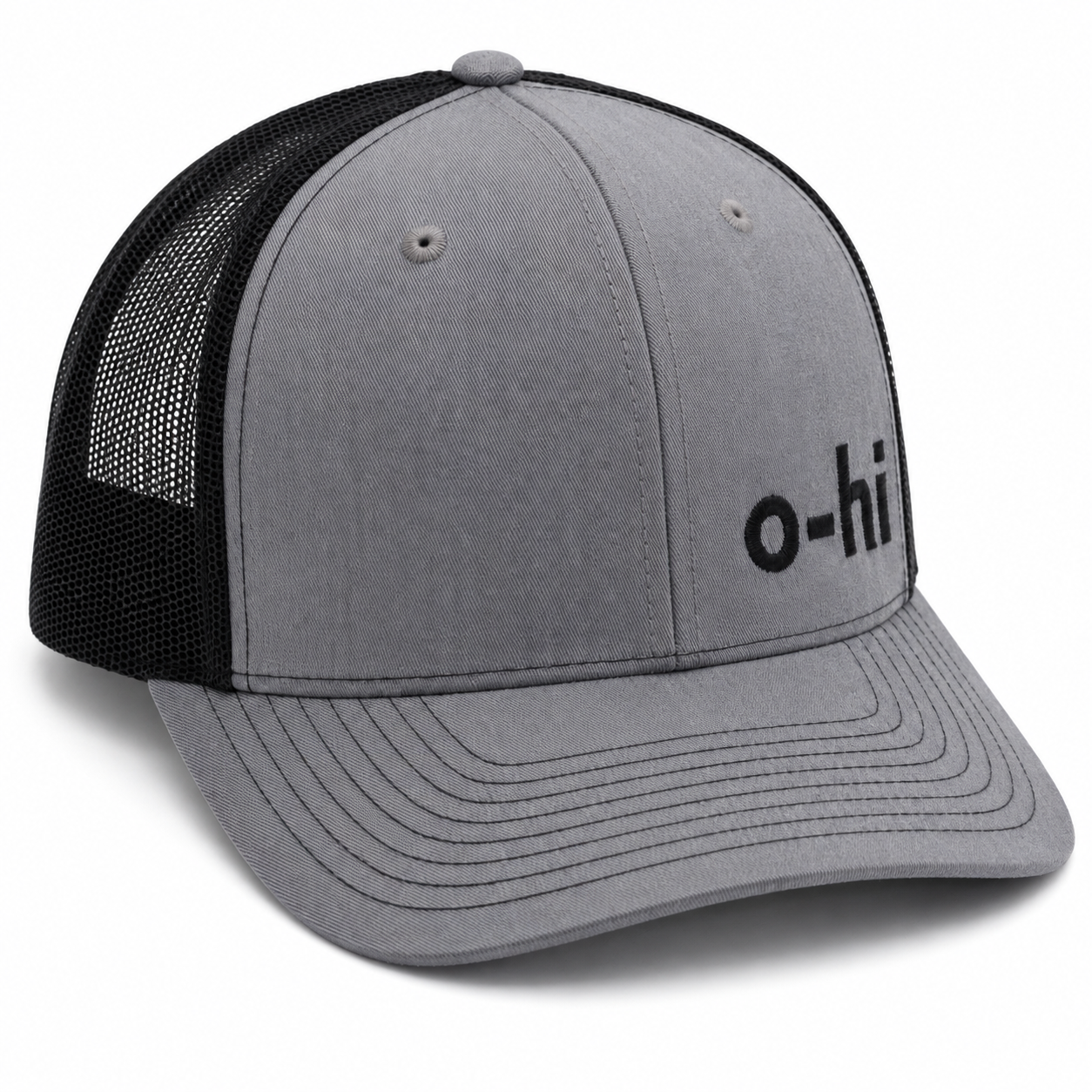 A gray and black trucker cap with a curved brim, featuring black mesh back panels and black embroidered 'o-hi' lettering on the front.