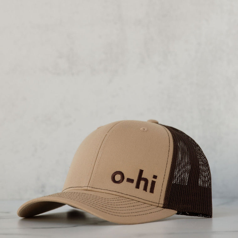khaki brown o-hi snapback hat against a neutral background