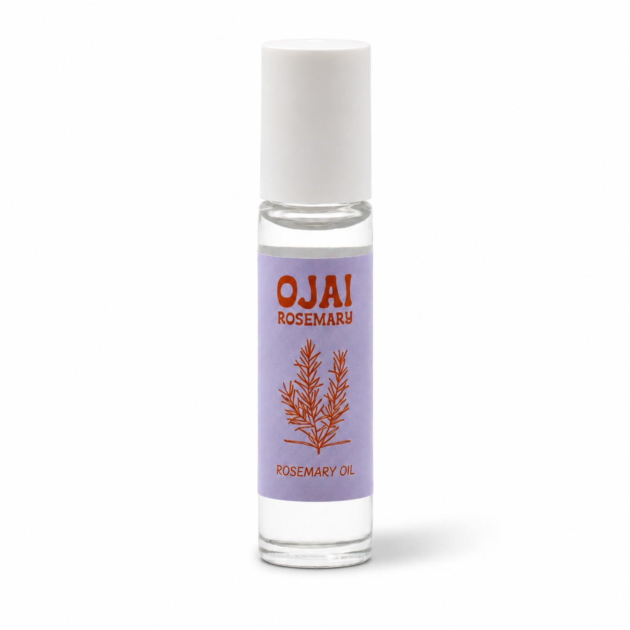 A clear glass roller bottle filled with rosemary oil, featuring a lavender label with red text reading 'OJAI ROSEMARY' and a rosemary illustration, topped with a white cap on a white background.