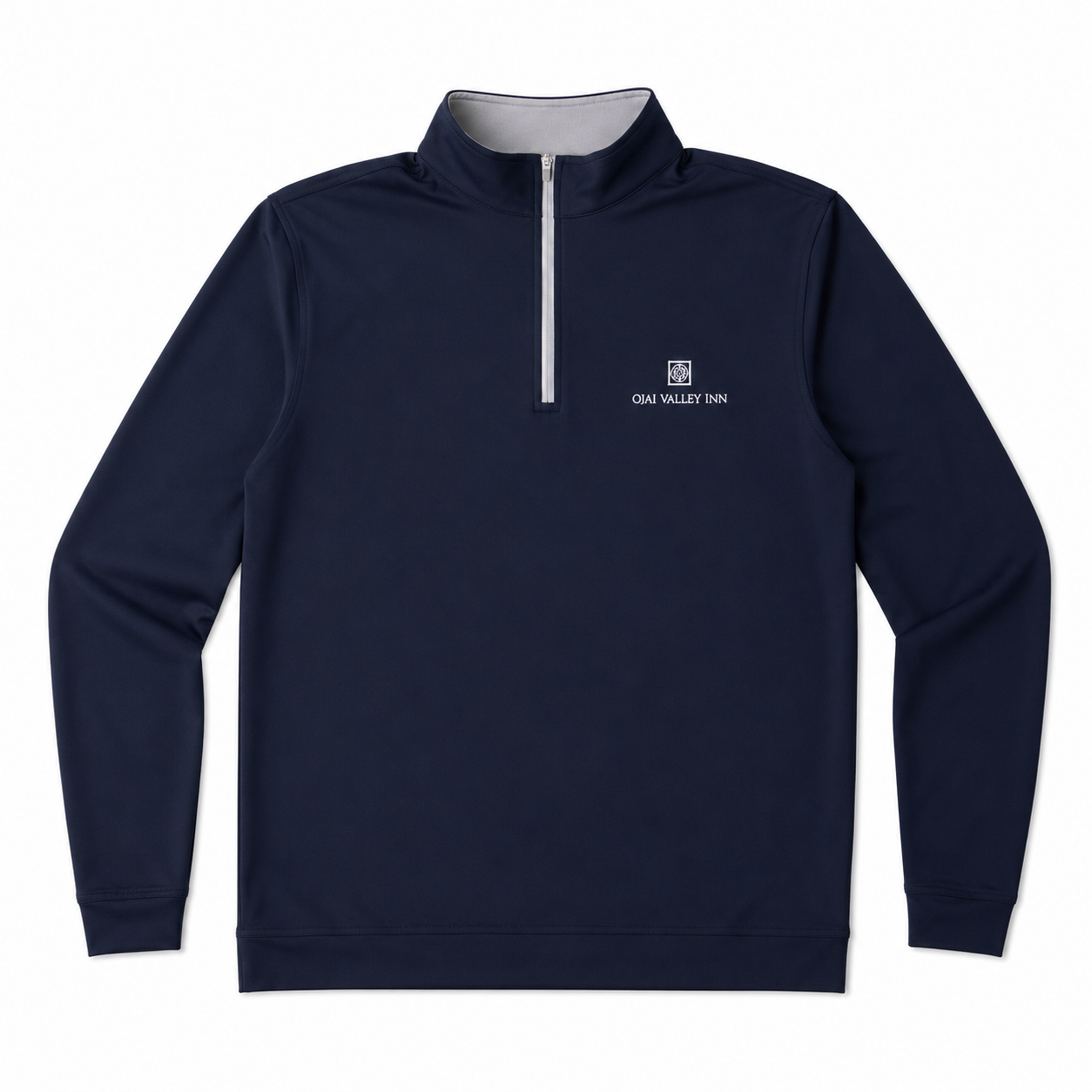 A navy blue long-sleeve quarter-zip pullover sweatshirt with a white zipper and a small white 'OAK VALLEY INN' logo on the left chest, displayed on a clean white background.