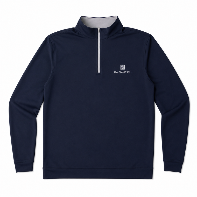 A navy blue long-sleeve quarter-zip pullover sweatshirt with a white zipper and a small white 'OAK VALLEY INN' logo on the left chest, displayed on a clean white background.