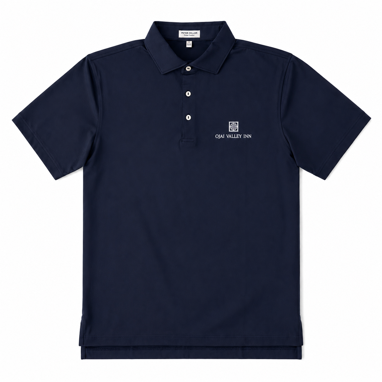 A navy blue short-sleeve polo shirt with a three-button placket and a small white embroidered logo on the left chest reading 'OAK VALLEY INN' with a square emblem above it, shown on a plain white background.
