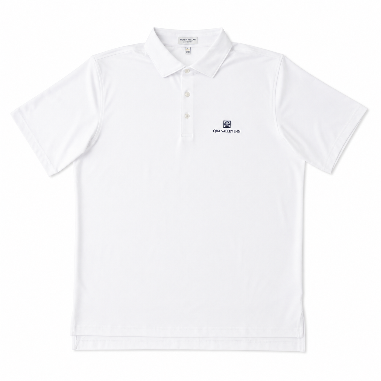 A white short-sleeve polo shirt with a three-button placket and a small navy blue embroidered logo on the left chest, displayed flat against a white background.
