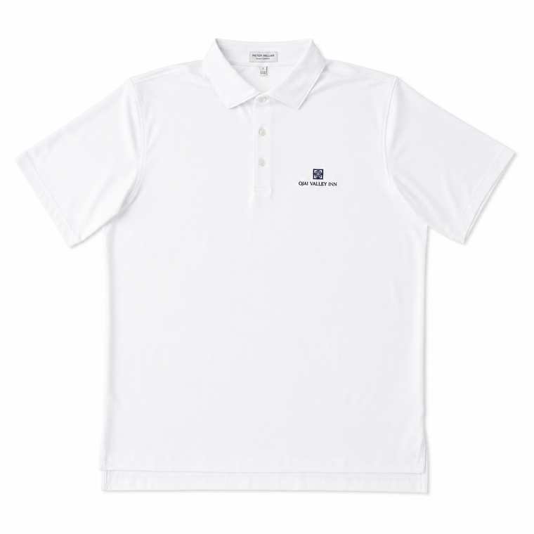 A white short-sleeve polo shirt with a three-button placket and a small navy blue embroidered logo on the left chest, displayed flat against a white background.