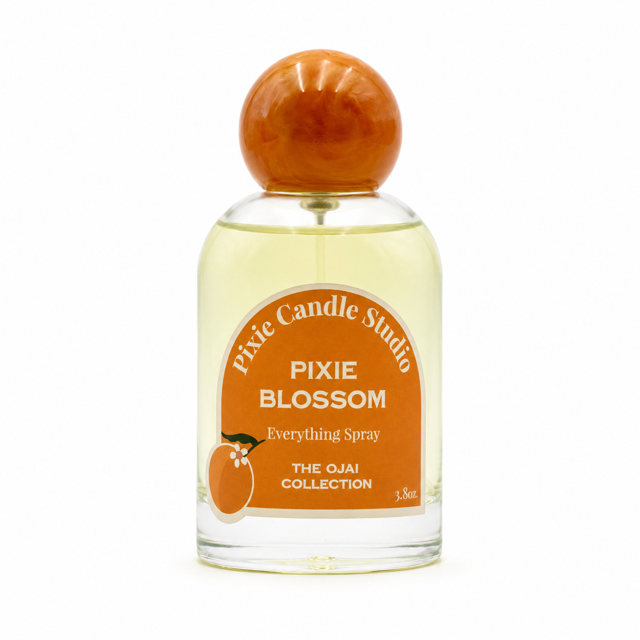 Pixie Candle Studio Pixie Blossom Everything Spray in a clear glass bottle with a round orange wooden cap and an orange label, on a white background.