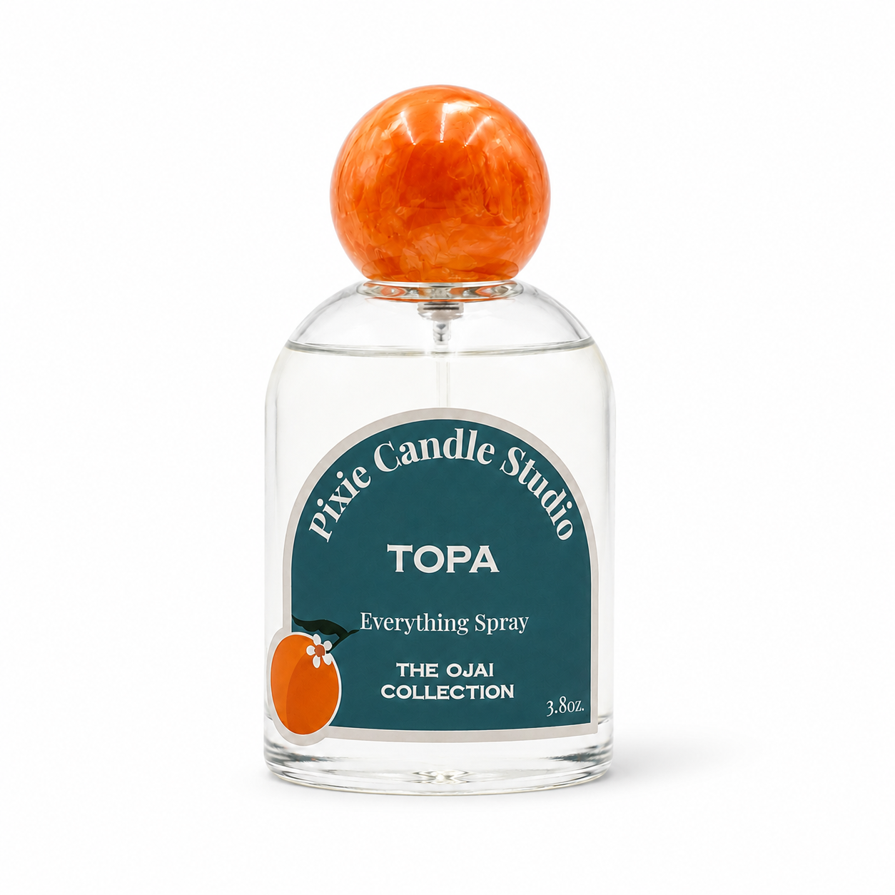 Pixie Candle Studio TOPA Everything Spray from The Ojai Collection, featuring a clear glass bottle with a textured orange spherical cap and a dark teal label.