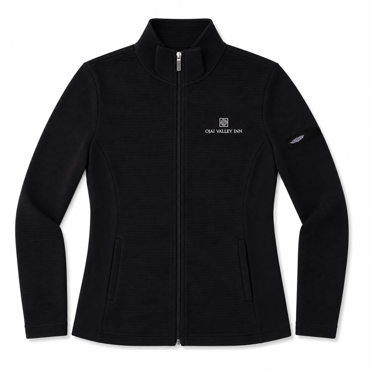 A black zip-up fleece jacket with a stand-up collar, featuring 'OAK VALLEY INN' embroidered in white on the left chest and a small logo on the right sleeve, shown against a plain white background.