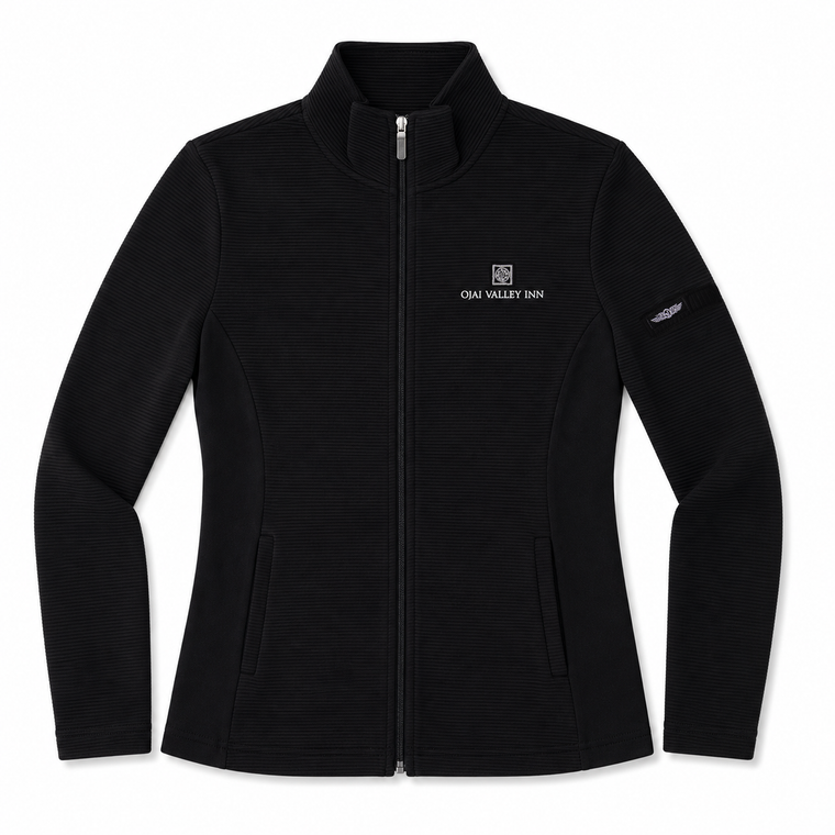 A black zip-up fleece jacket with a stand-up collar, featuring 'OAK VALLEY INN' embroidered in white on the left chest and a small logo on the right sleeve, shown against a plain white background.
