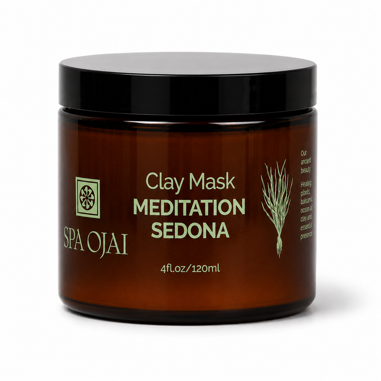 Spa Ojai Clay Mask Meditation Sedona in a 4 fl. oz. amber glass jar with a black lid, on a white background.