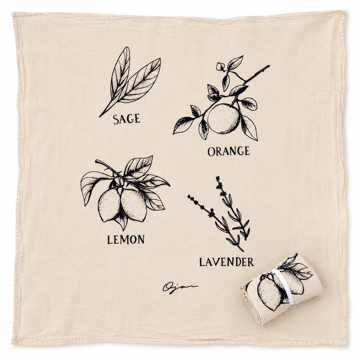 A square beige cotton kitchen towel with black botanical illustrations and labels for sage, orange, lemon, and lavender, shown flat with a rolled version in the lower right corner.