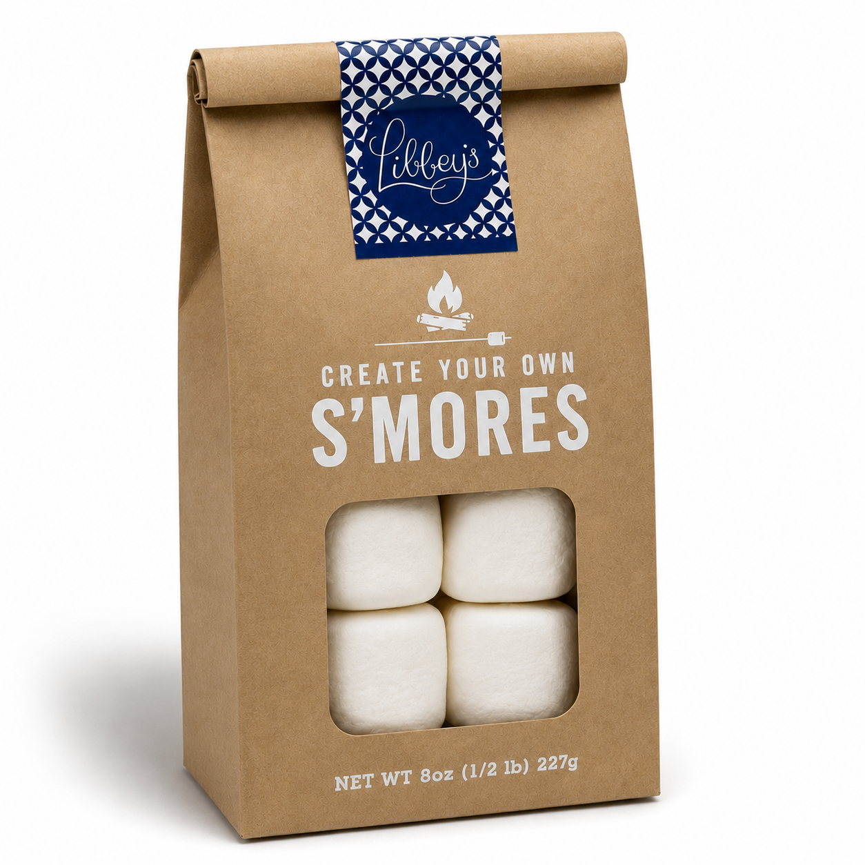 A kraft paper bag of Lilley's 'Create Your Own S'mores' featuring a clear window showing four white marshmallows inside, with a blue patterned brand label at the top.