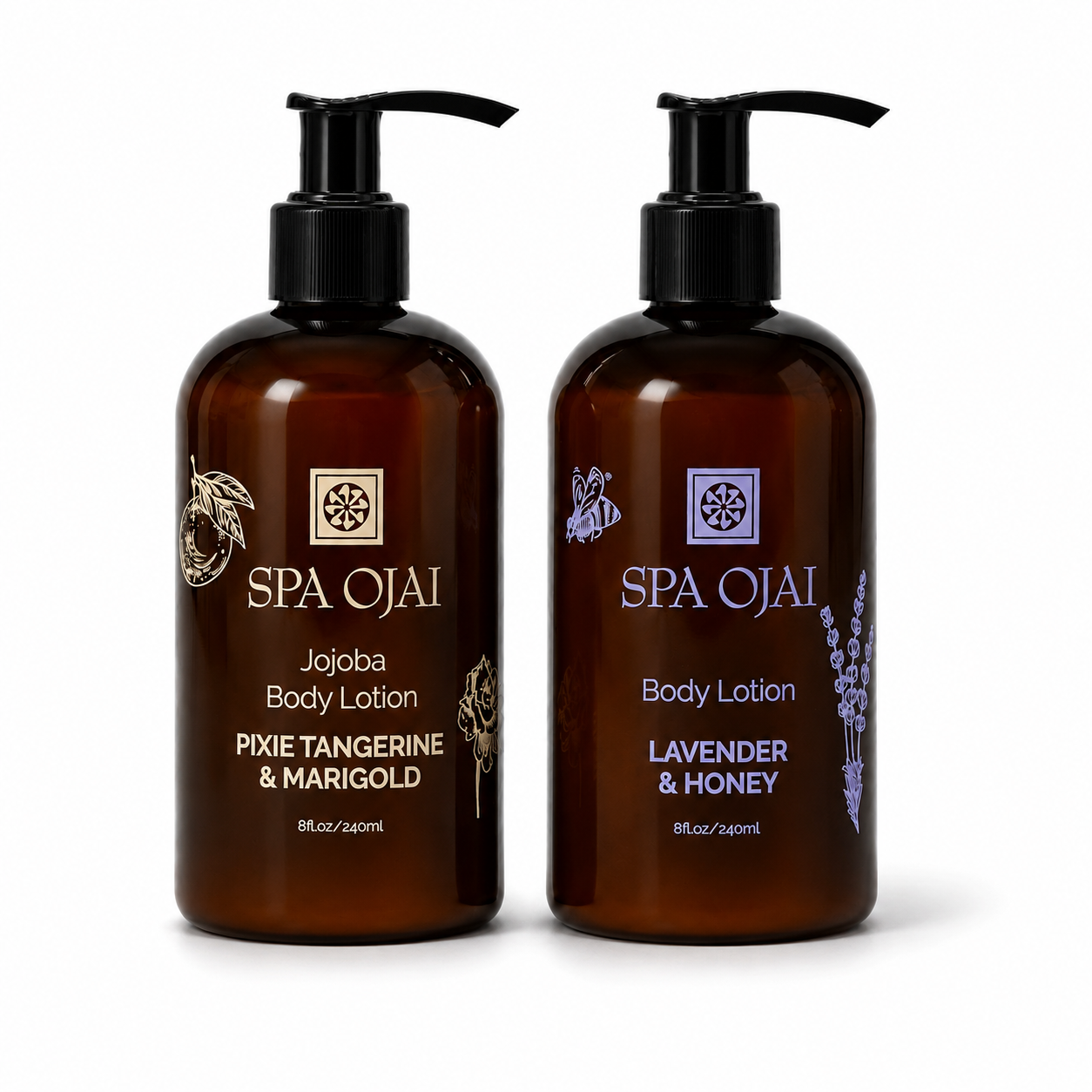 Two amber pump bottles of SPA OJAI body lotions on a white background. The left bottle is 'Jojoba Body Lotion' in 'Pixie Tangerine & Marigold' scent, and the right bottle is 'Body Lotion' in 'Lavender & Honey' scent.