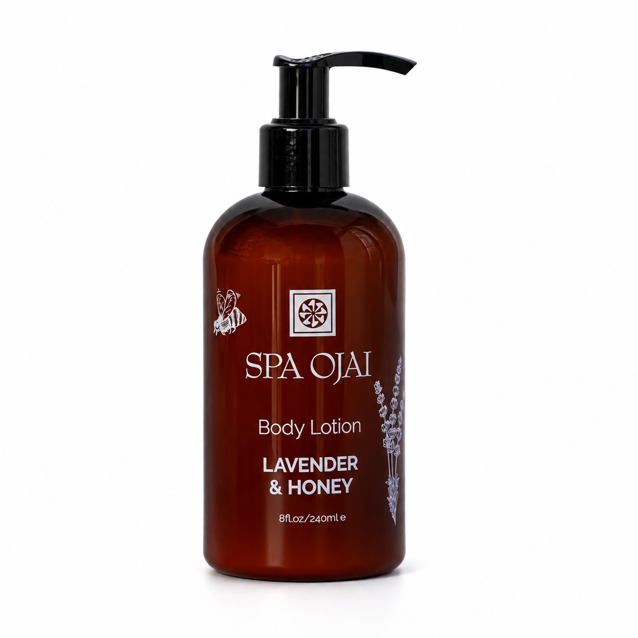 SPA OJAI Lavender & Honey Body Lotion in an amber brown pump bottle with a black dispenser, shown on a white background.