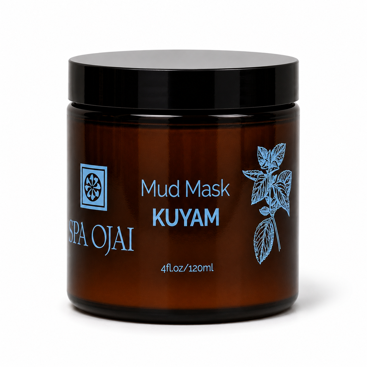 An amber glass jar of SPA OJAI KUYAM Mud Mask with a black lid, set against a plain white background.