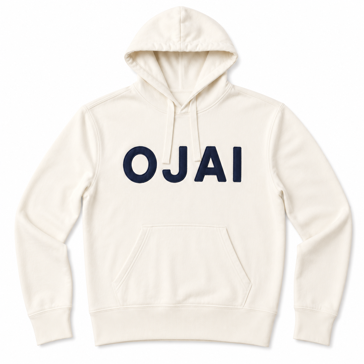 An off-white pullover hoodie with the word 'OJAI' printed across the chest in bold navy blue letters, displayed on a clean white background.