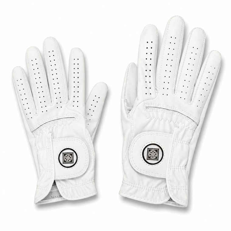 A pair of white golf gloves shown against a plain white background, one glove displaying the back of the hand with perforated finger sections and the other showing the back of the wrist with a circular logo patch.