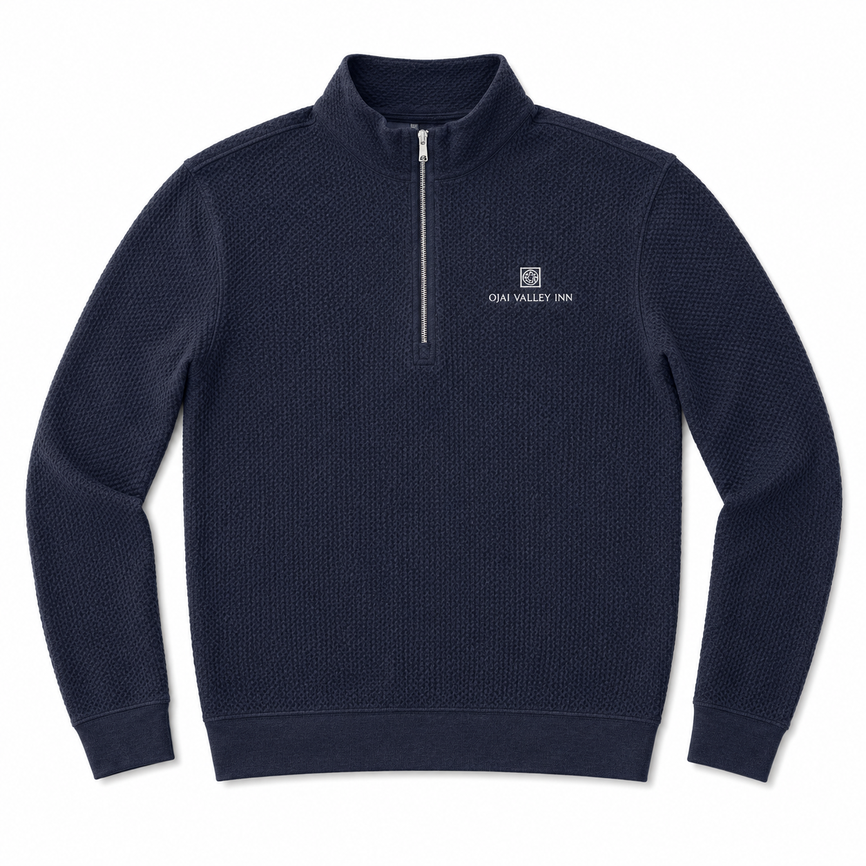 A navy blue textured quarter-zip pullover sweatshirt with a small white embroidered logo and text on the left chest, displayed on a clean white background.