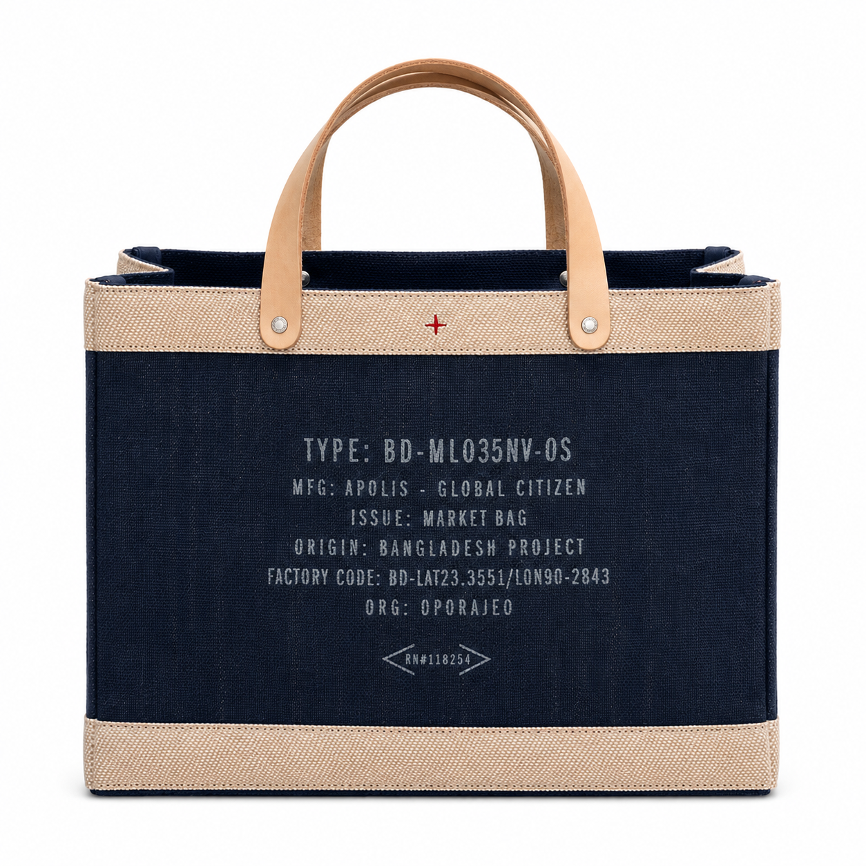 A canvas tote bag with a dark navy blue body, beige woven trim, and light tan leather handles, featuring white printed text on the front.