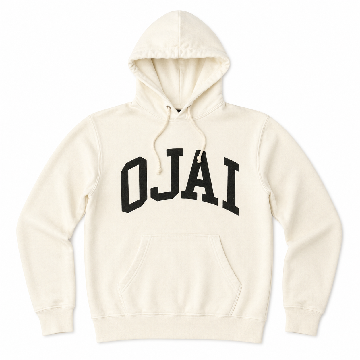 An off-white hooded sweatshirt with 'OJAI' printed in bold black varsity-style letters across the chest, displayed on a clean white background.